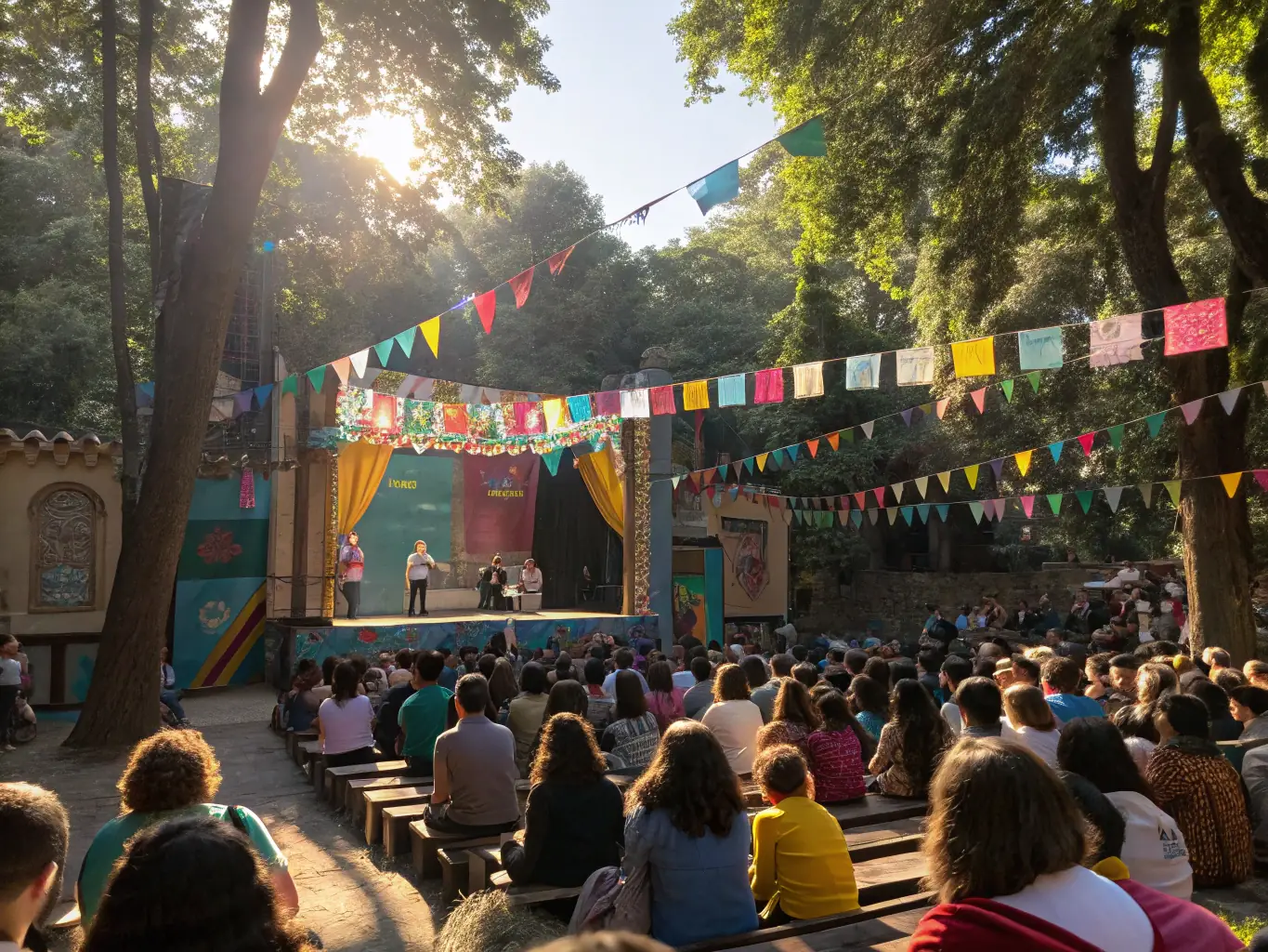 A lively annual art festival with live performances, art installations, and community activities. The scene is festive, with people enjoying the art and celebrating local artists.