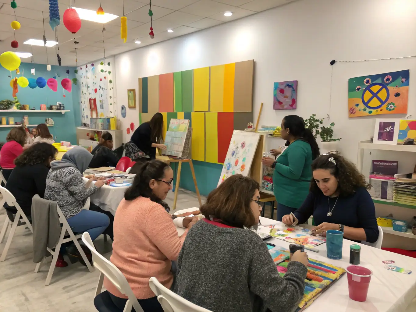 A dynamic image of a cultural outreach workshop, showing participants actively engaged in creating art under the guidance of instructors.