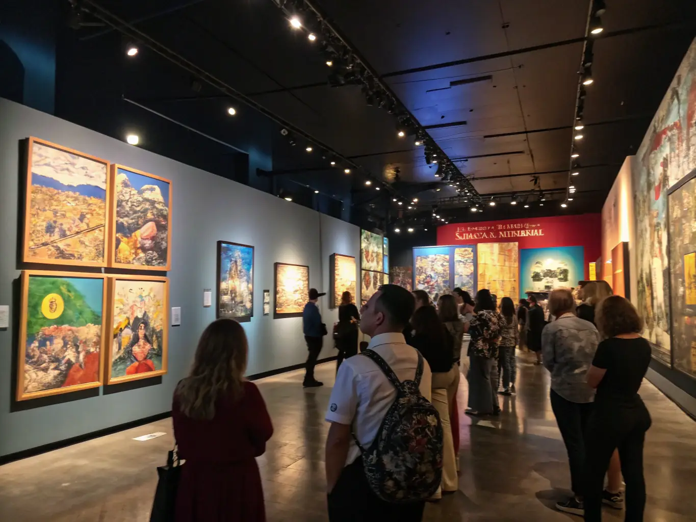 A vibrant art exhibition showcasing the works of emerging artists, with diverse styles and mediums on display. The scene is lively, with people of all ages engaging with the art and interacting with the artists.