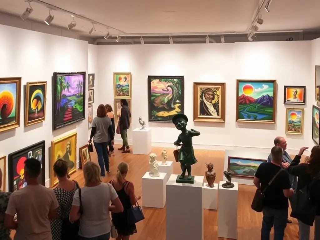 A photograph capturing the energy of an art exhibition, with artists and attendees interacting amidst colorful artworks.