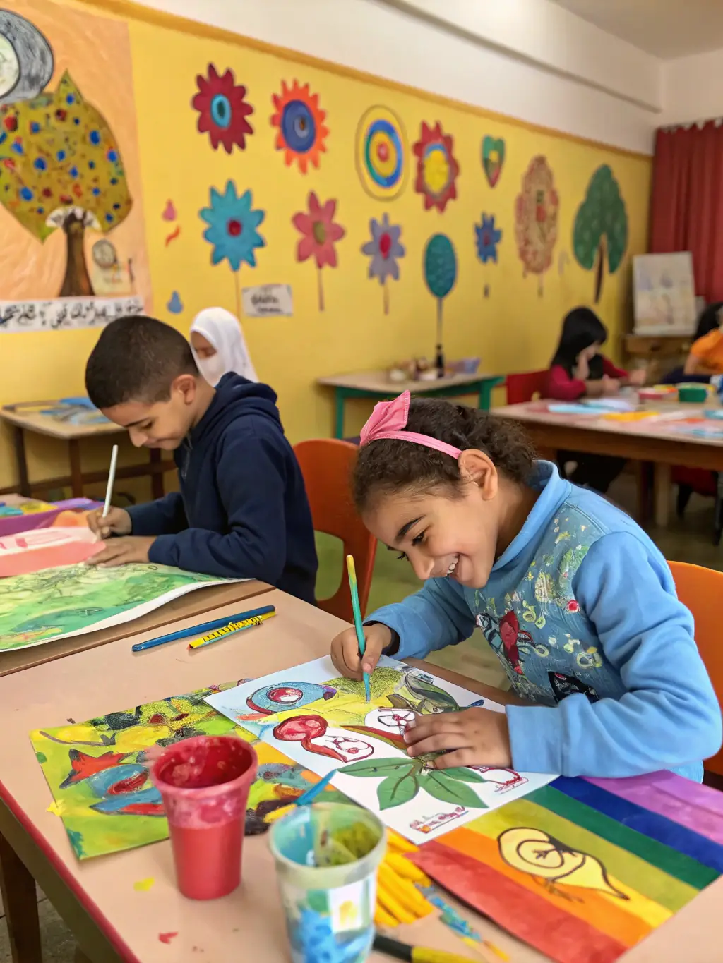 A photo of children participating in an art workshop, their faces lit up with creativity and joy, highlighting the association's commitment to youth engagement.