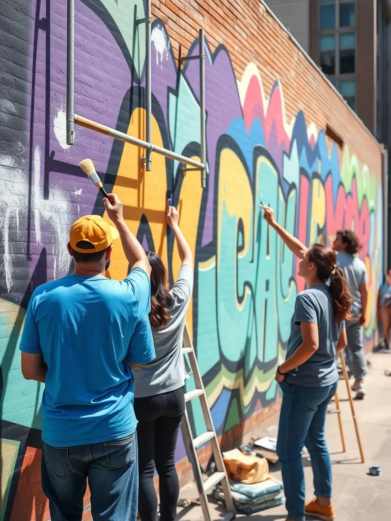 A photo of a community mural project in progress, with artists and local residents collaborating to create a vibrant and meaningful piece of public art.