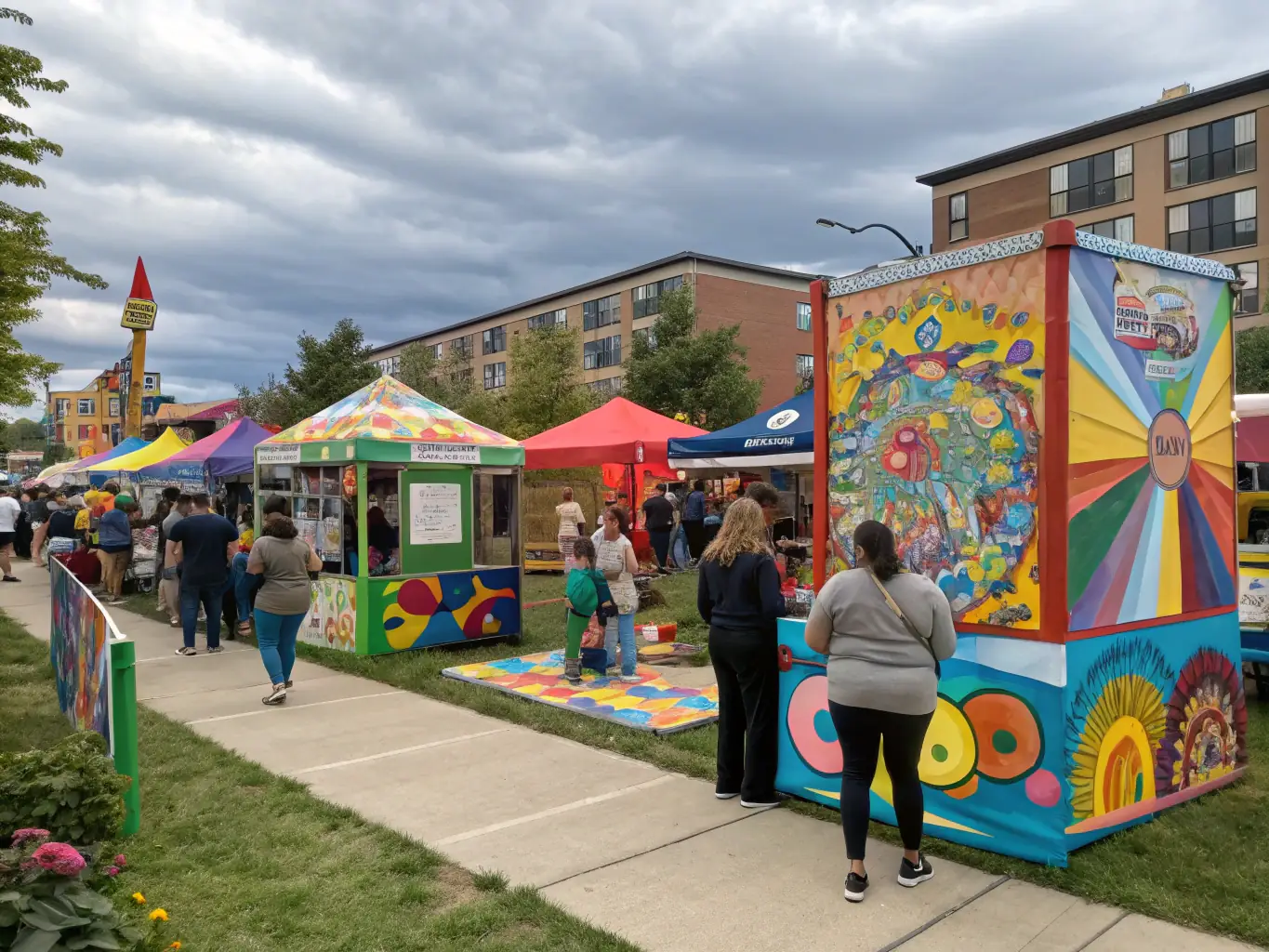 A lively scene from the annual art festival, featuring live performances, art installations, and community members enjoying the festivities.