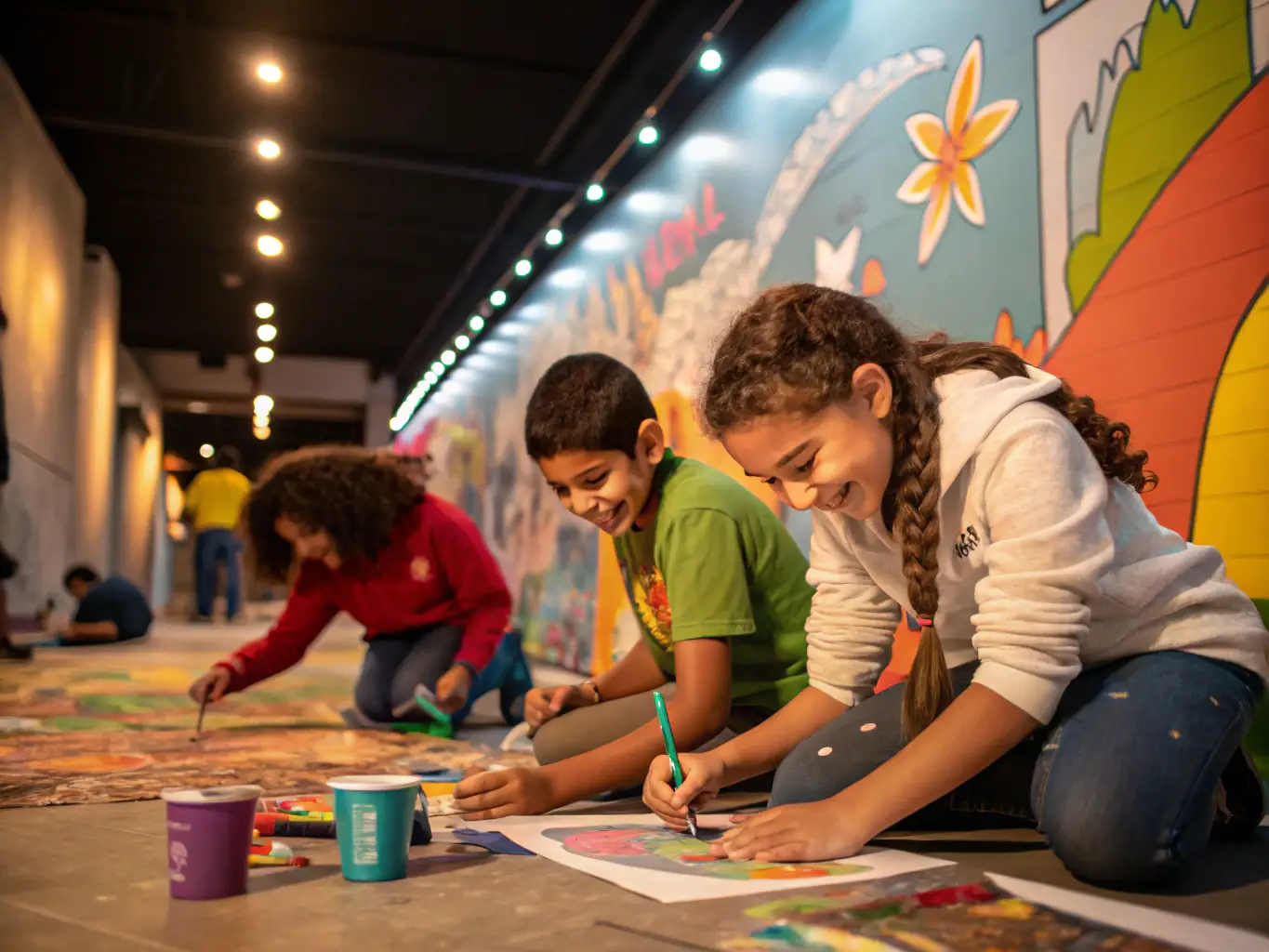 A dynamic cultural outreach workshop in progress, with participants actively engaged in creating art under the guidance of experienced instructors. The atmosphere is collaborative and inspiring.