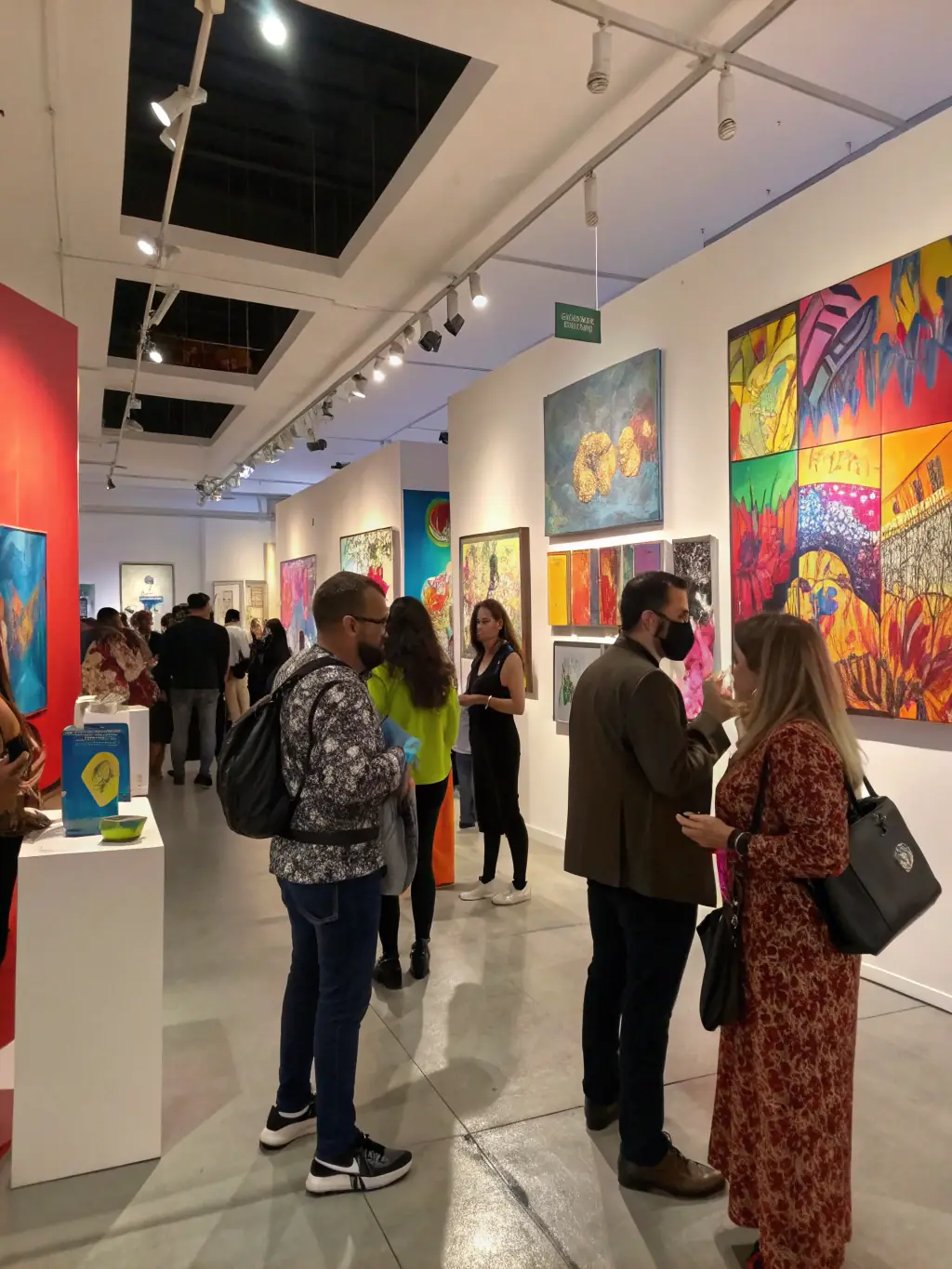 A vibrant image of an art exhibition organized by ASSOCIATION PASSION'ARTS, showcasing various artworks and attendees engaging with the art.