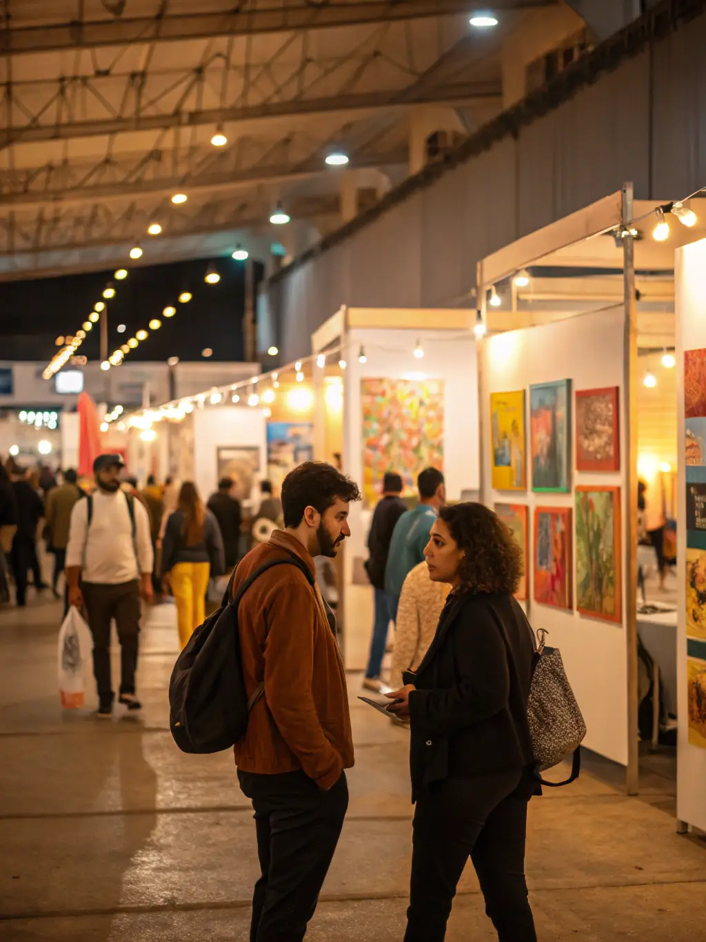 A vibrant photograph capturing artists setting up their displays at the annual art festival, showcasing the energy and excitement of the event.