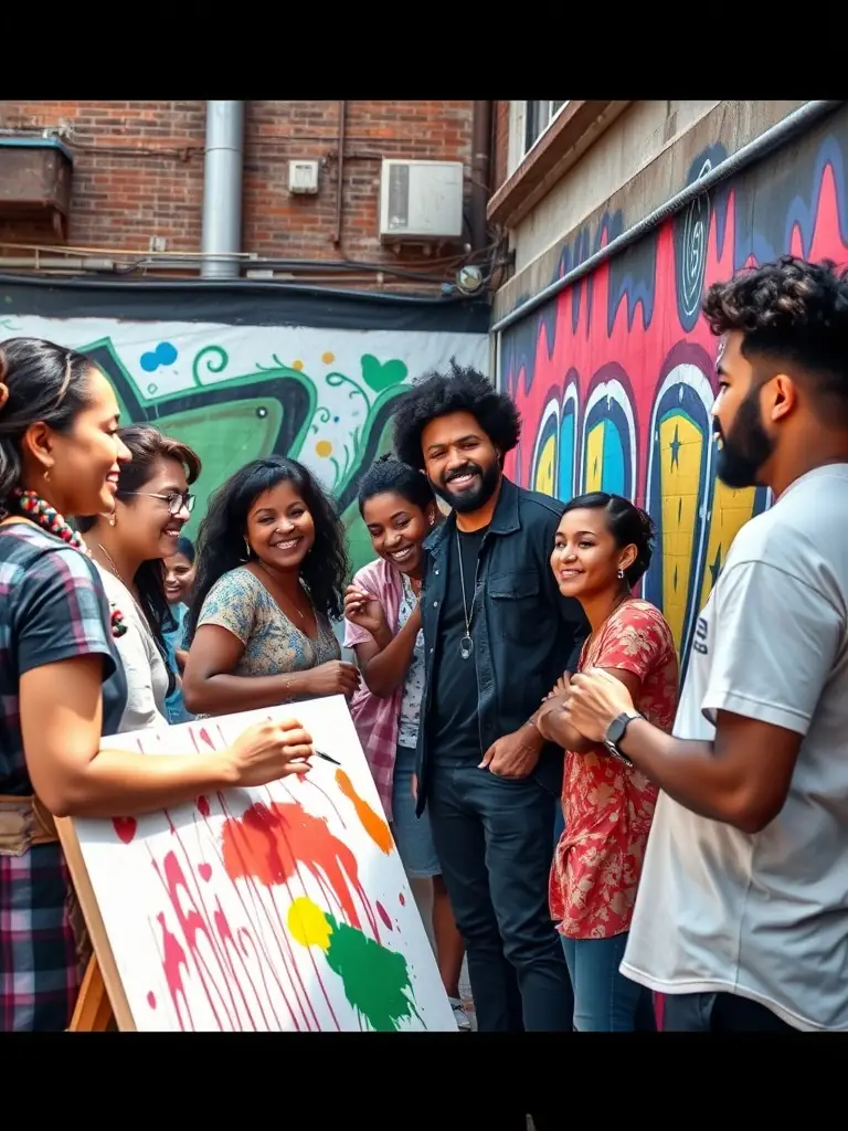 A photo of artists collaborating on a mural project, showcasing the collaborative spirit and community involvement fostered by ASSOCIATION PASSION'ARTS.